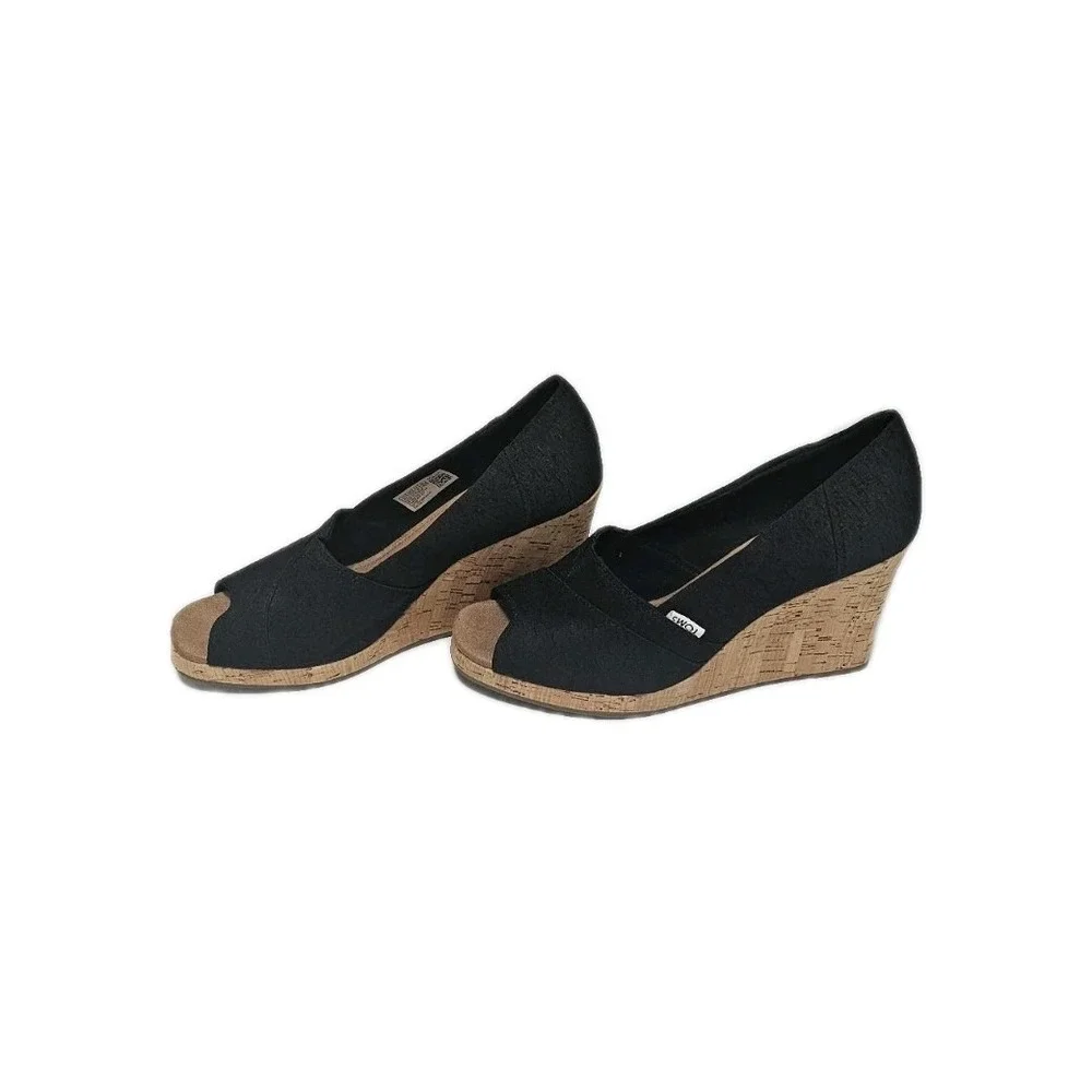 TOMS Stella Women's Black Peep Toe Cork Wedge Pump Shoes Size 9.5 Preppy Classic